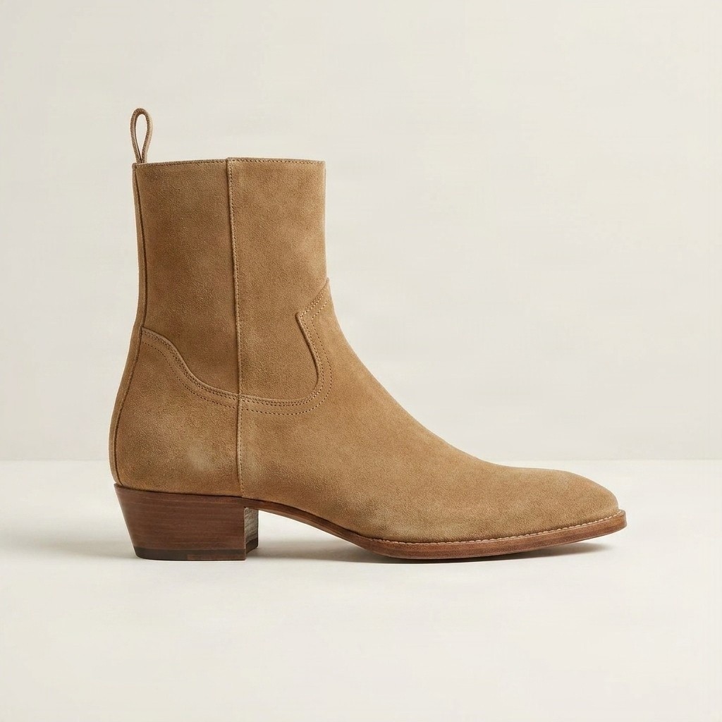 Men's tan suede cowboy boots pull tab