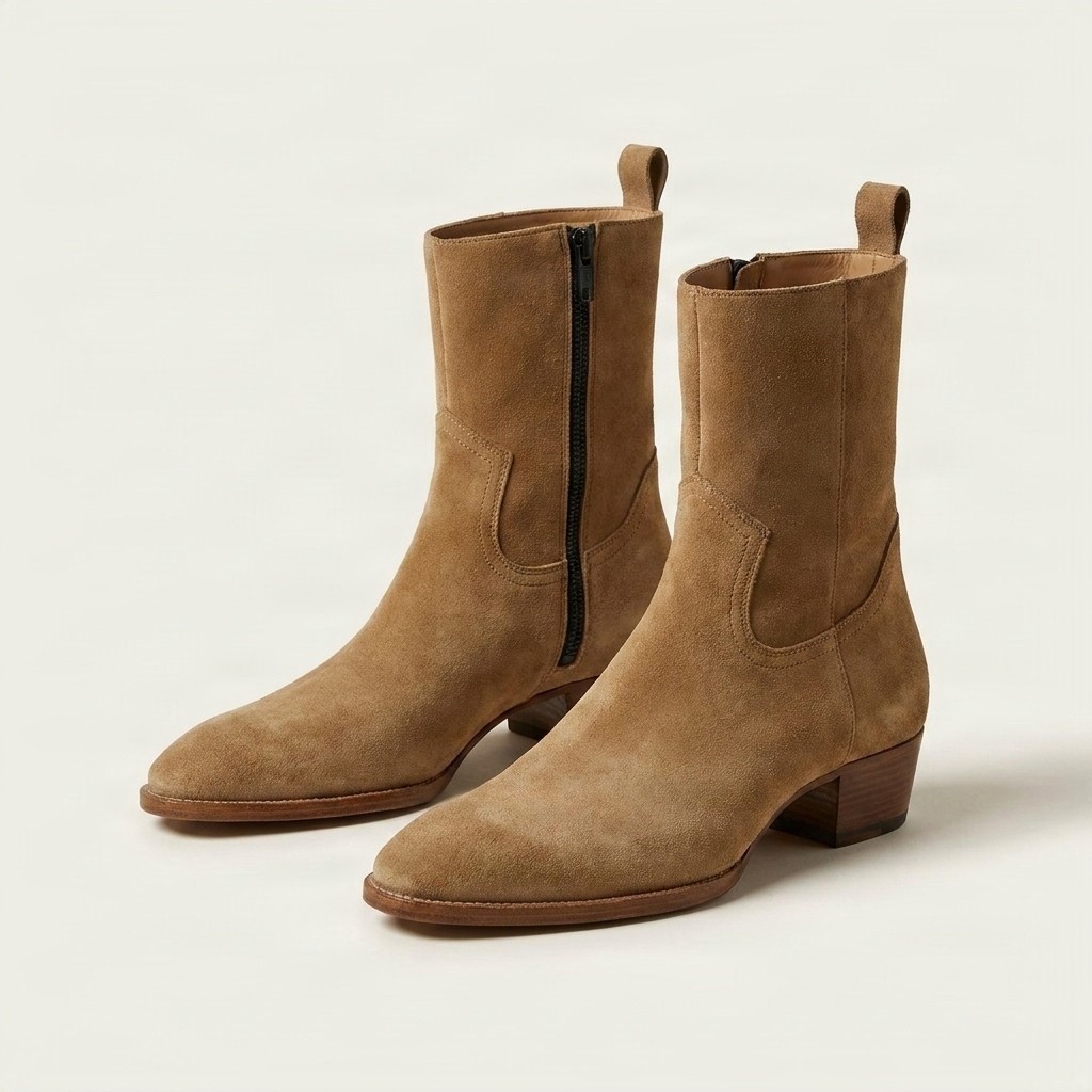 Men's suede cowboy boots pull tab in tan