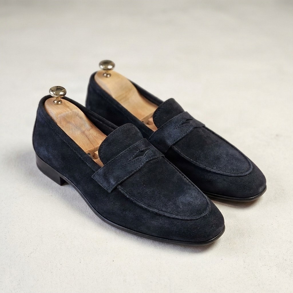 Navy suede penny loafers