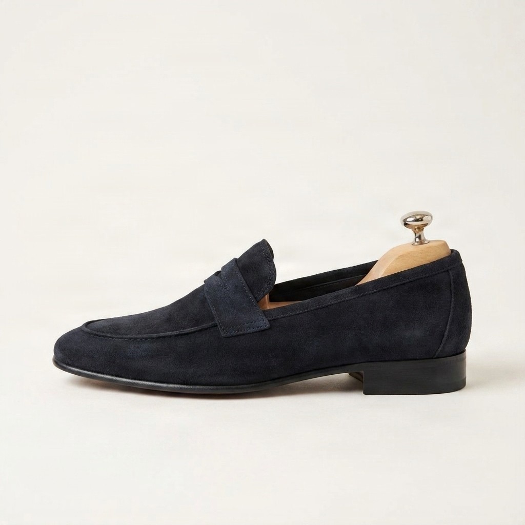 Navy suede penny loafers for men
