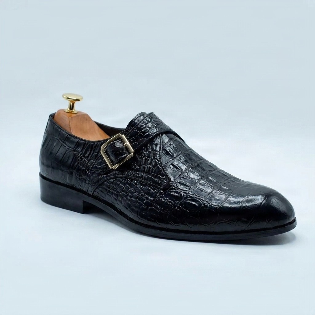 Black crocodile monk strap shoes for men