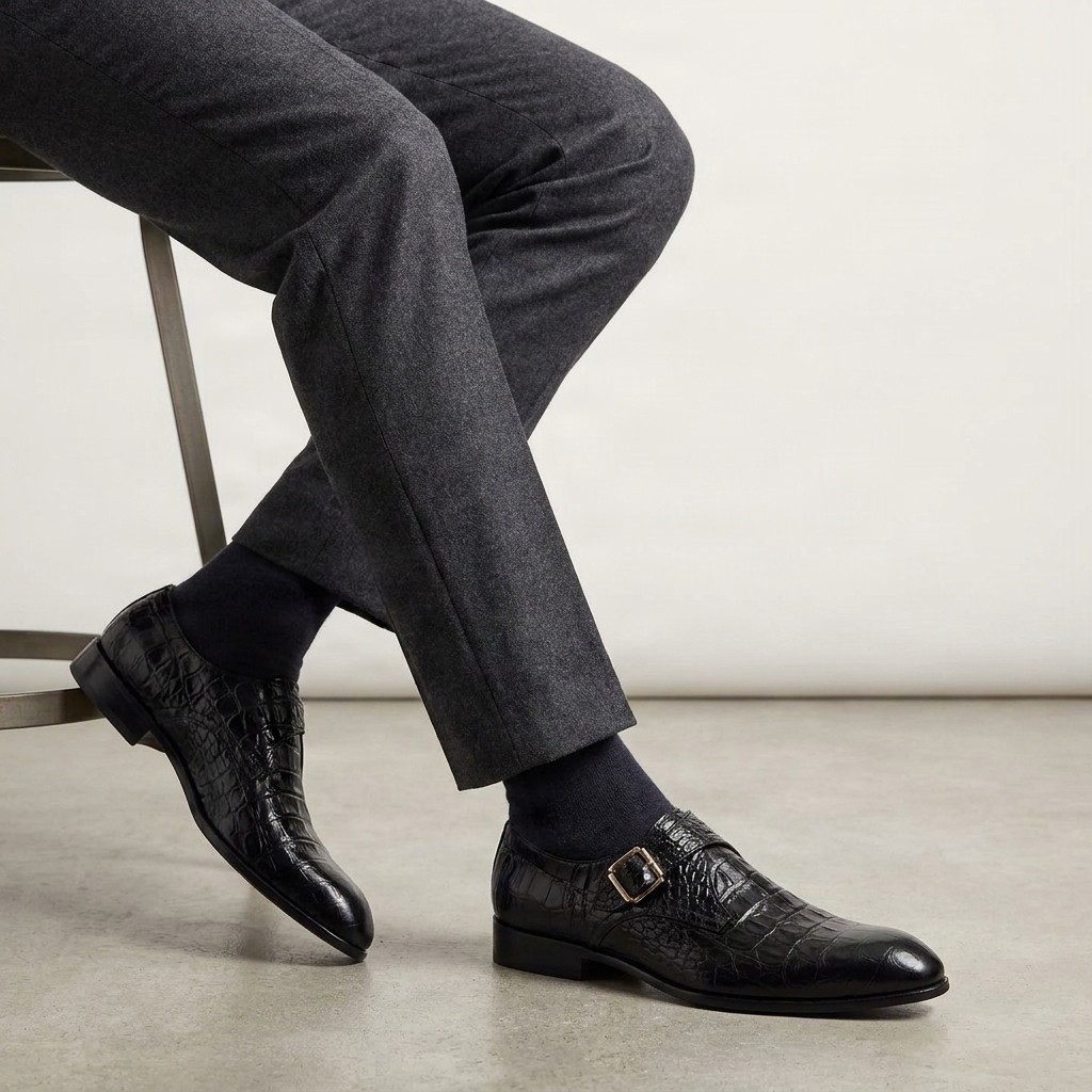Men's black crocodile monk strap shoes