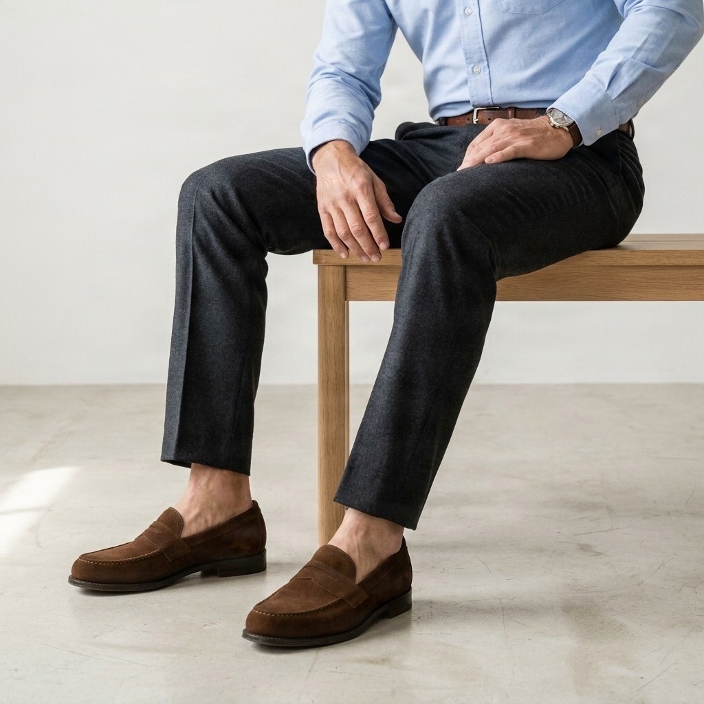 Men's brown suede penny loafers moc toe