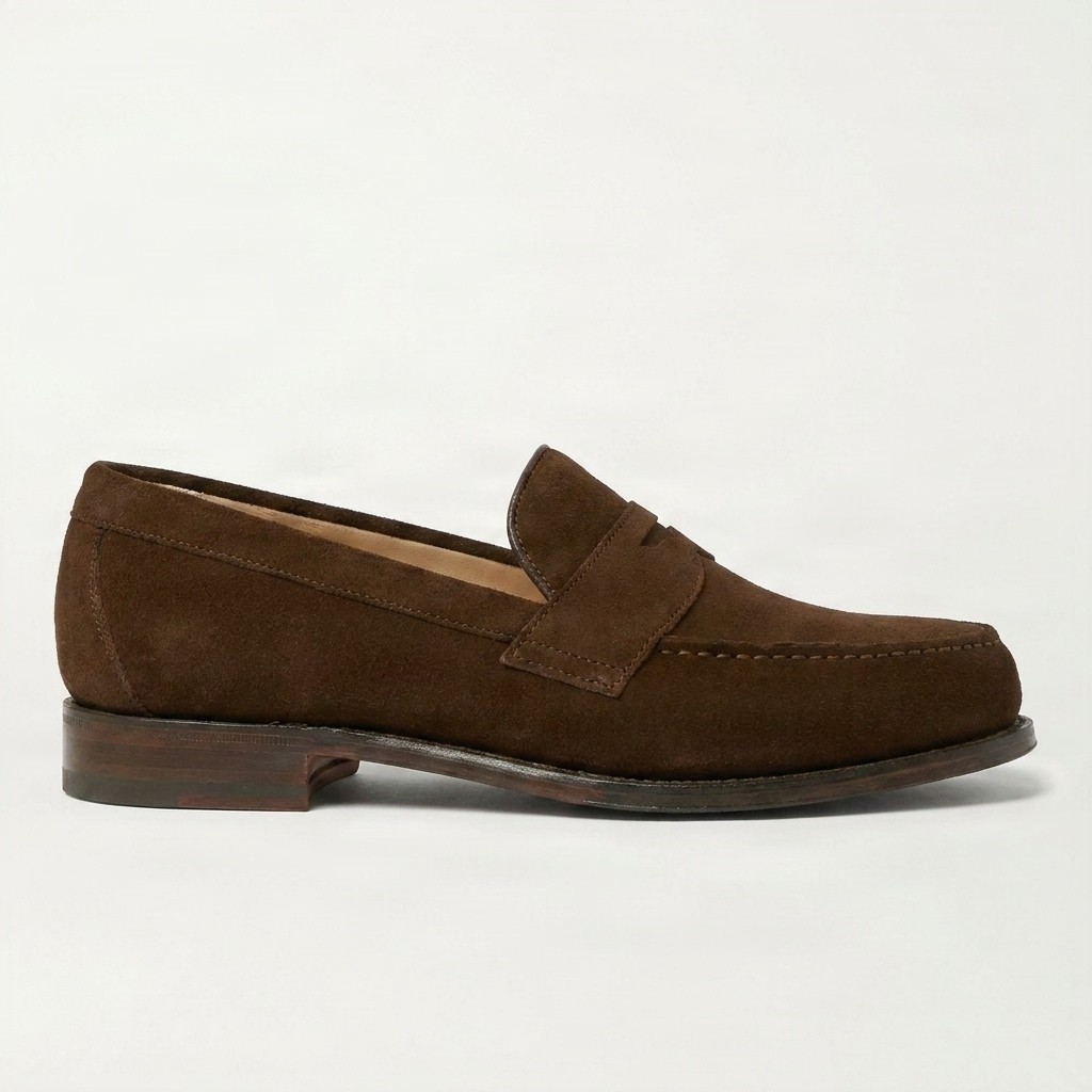 Brown suede penny loafers moc toe for men