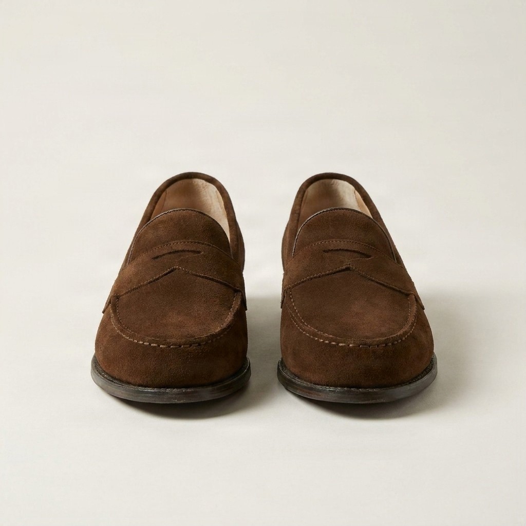 Men's suede penny loafers moc toe in brown