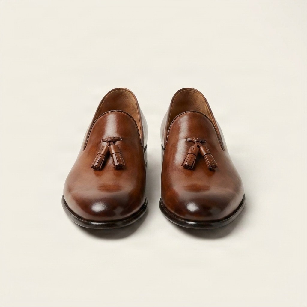 Men's brown leather tassel loafers plain toe