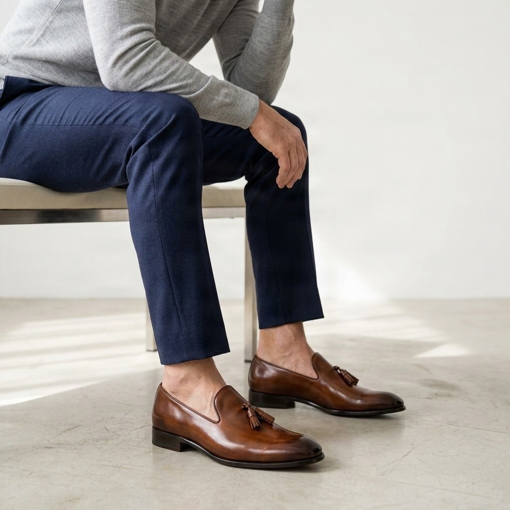 Men's leather tassel loafers plain toe in brown