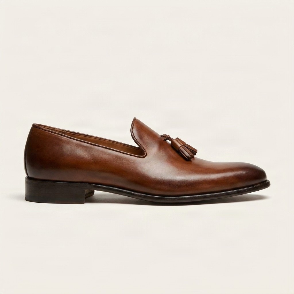 Brown leather tassel loafers plain toe for men