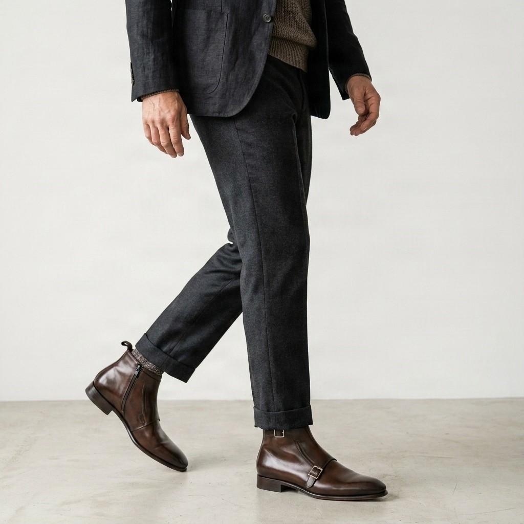 Men's brown leather ankle boots side zip two