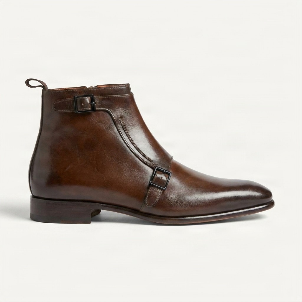 Men's leather ankle boots side zip two in brown