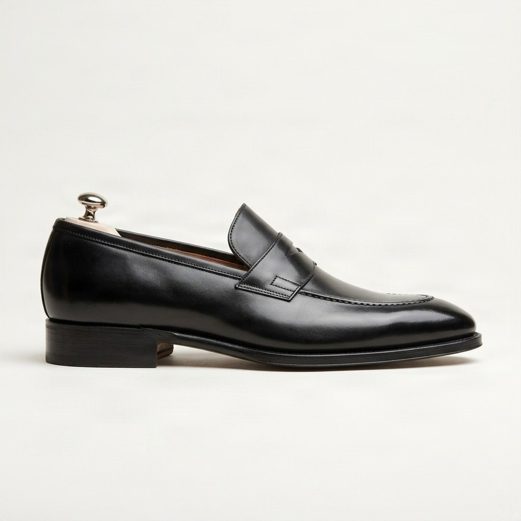 Black leather penny loafers strap for men