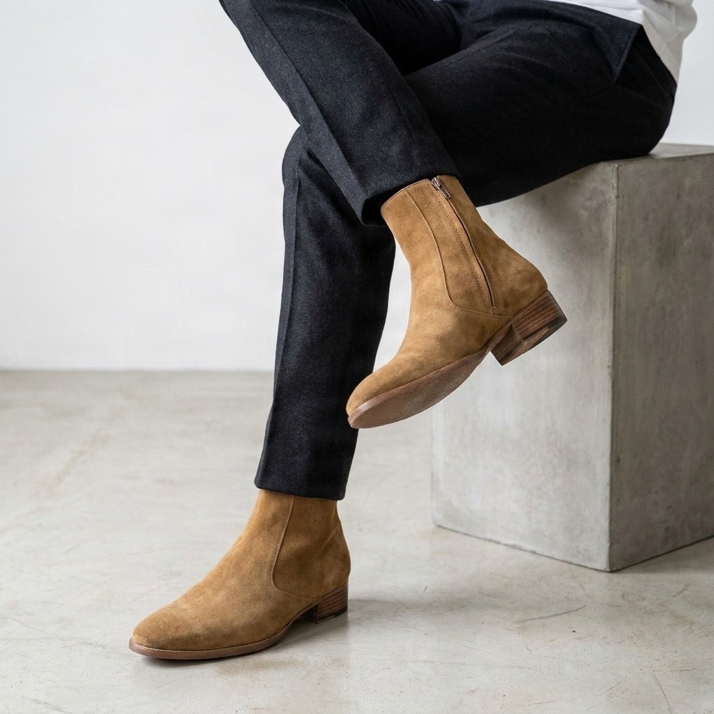 Men's suede chelsea boots side zip in tan