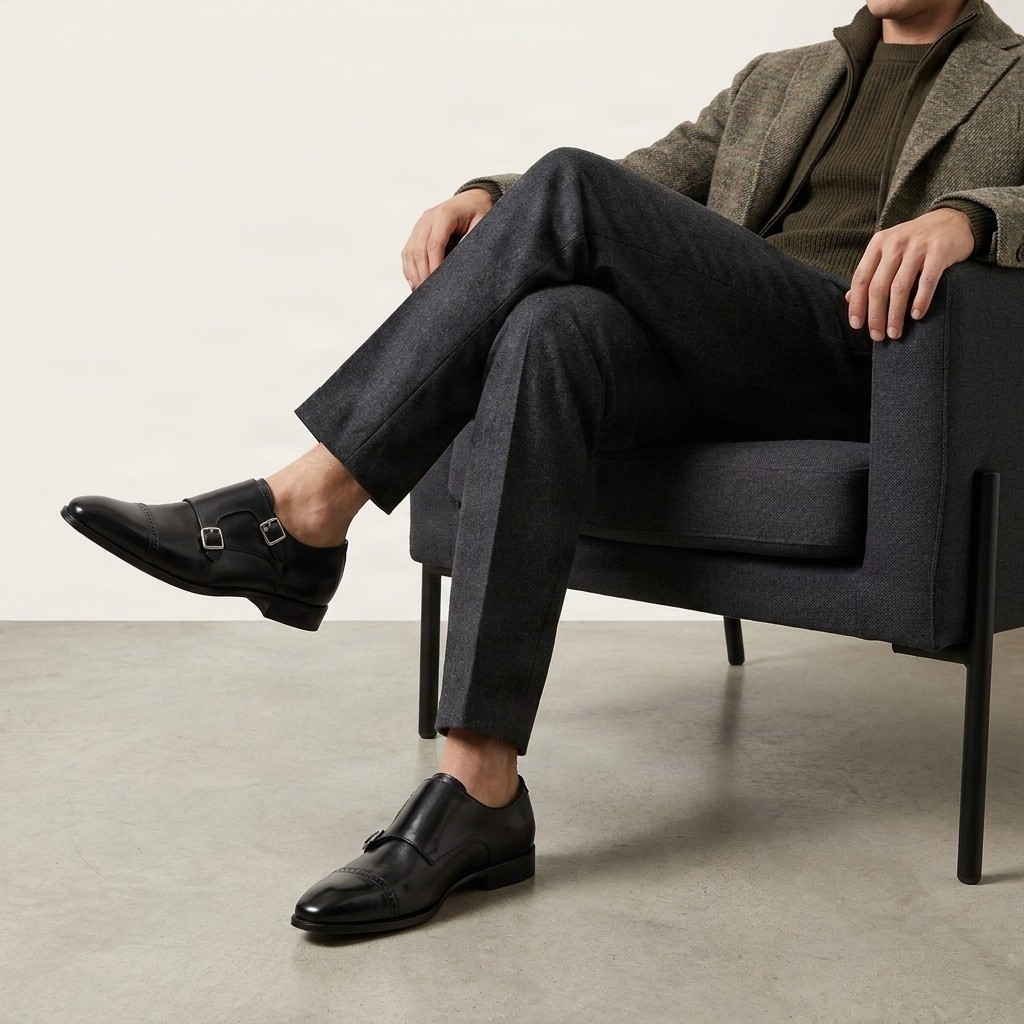 Men's leather double monk strap shoes cap toe in black