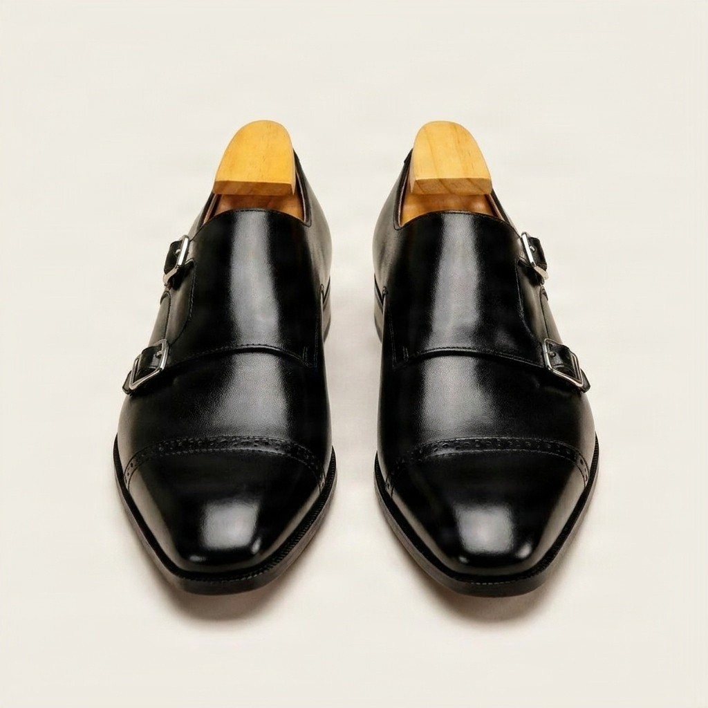 Black leather double monk strap shoes cap toe for men