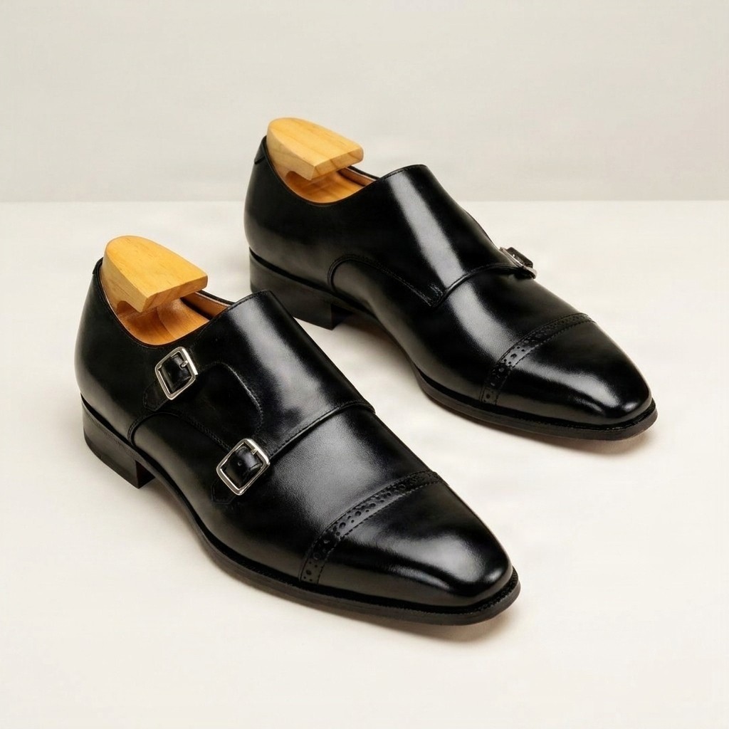 Men's black leather double monk strap shoes cap toe