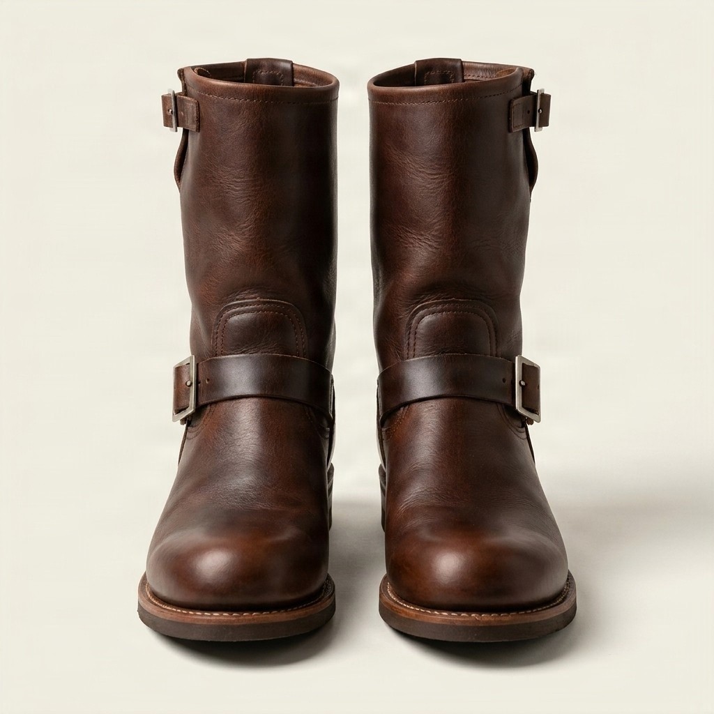 Men's leather engineer boots two buckle in brown