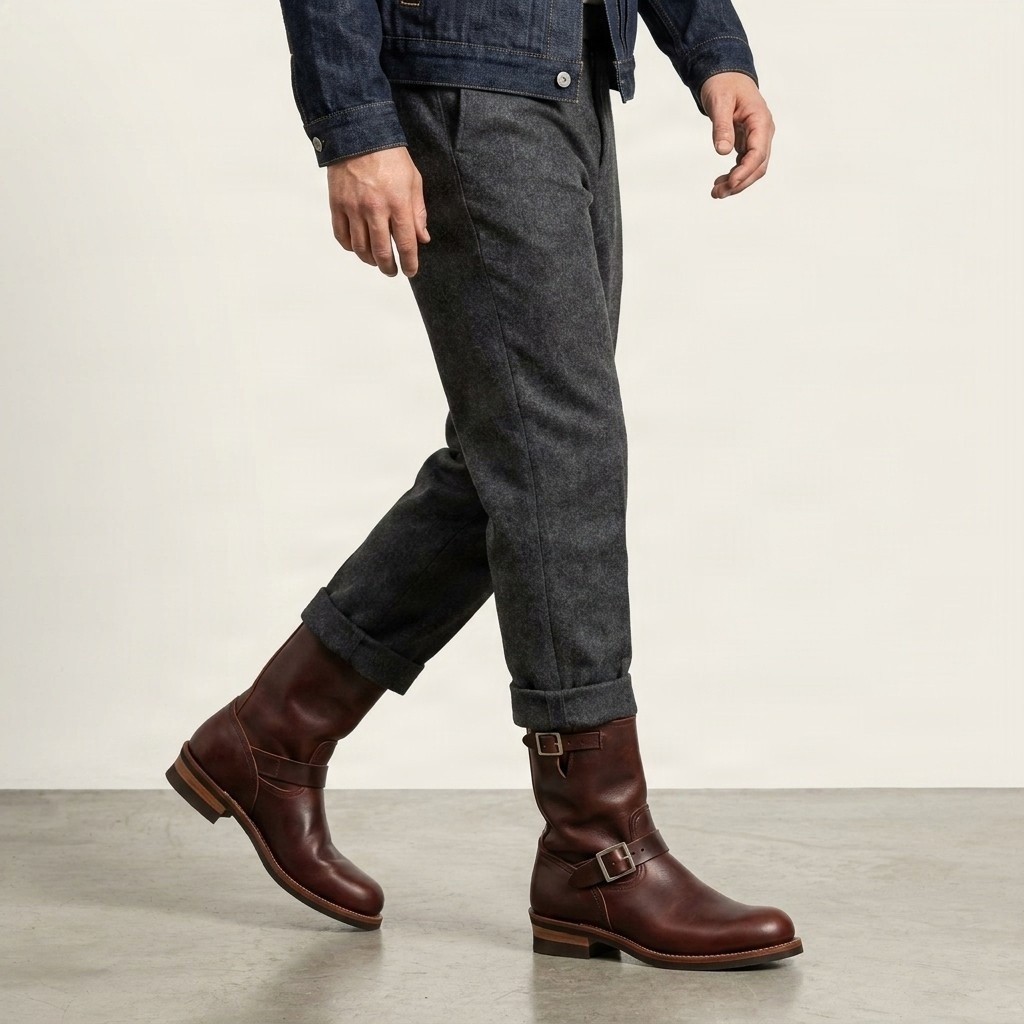 Men's brown leather engineer boots two buckle