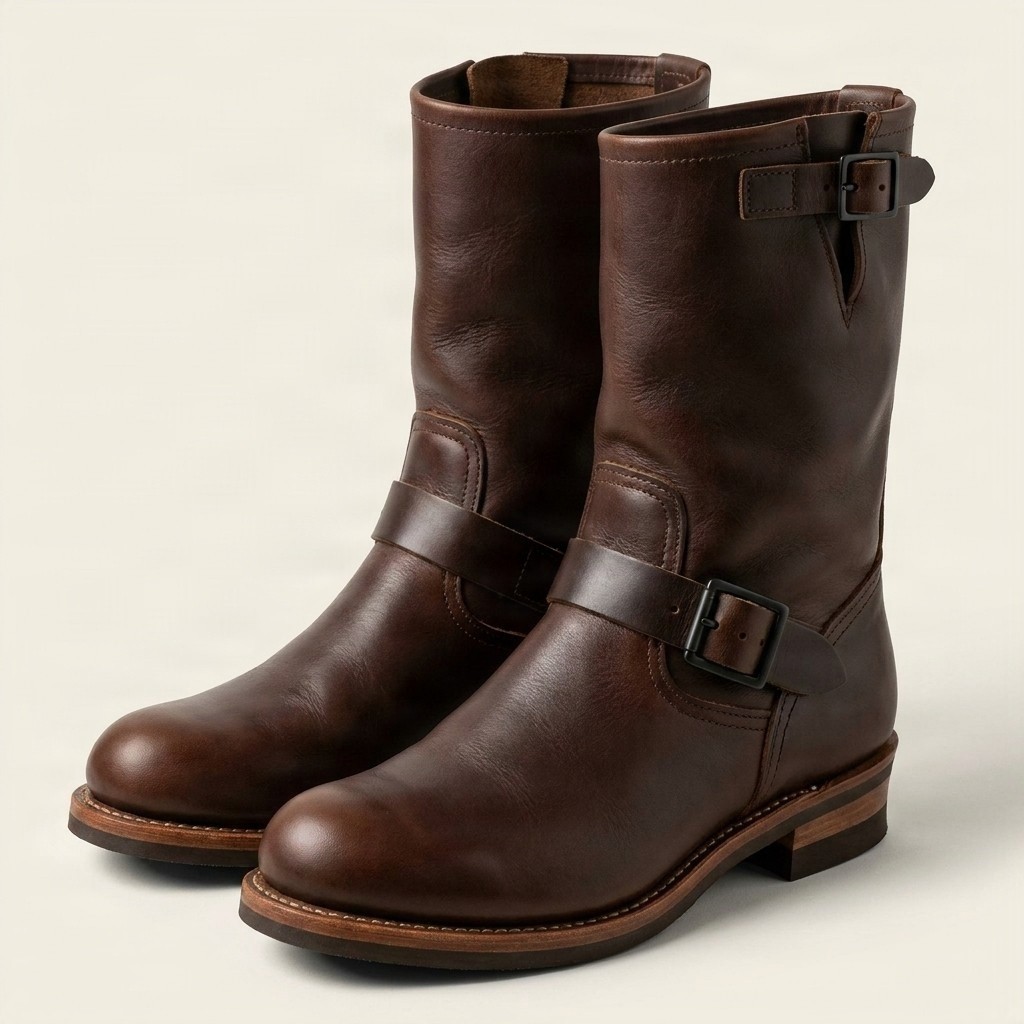 Brown leather engineer boots two buckle for men