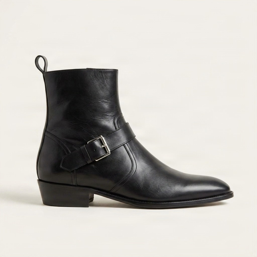 Black leather jodhpur boots buckle for men