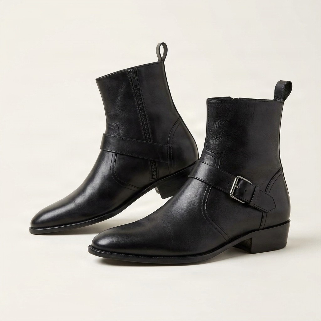 Black leather jodhpur boots buckle