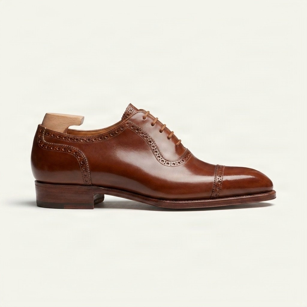 Brown leather cap toe brogues punched for men