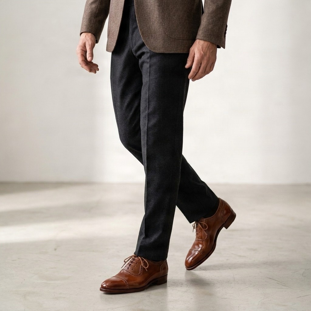 Men's leather cap toe brogues punched in brown
