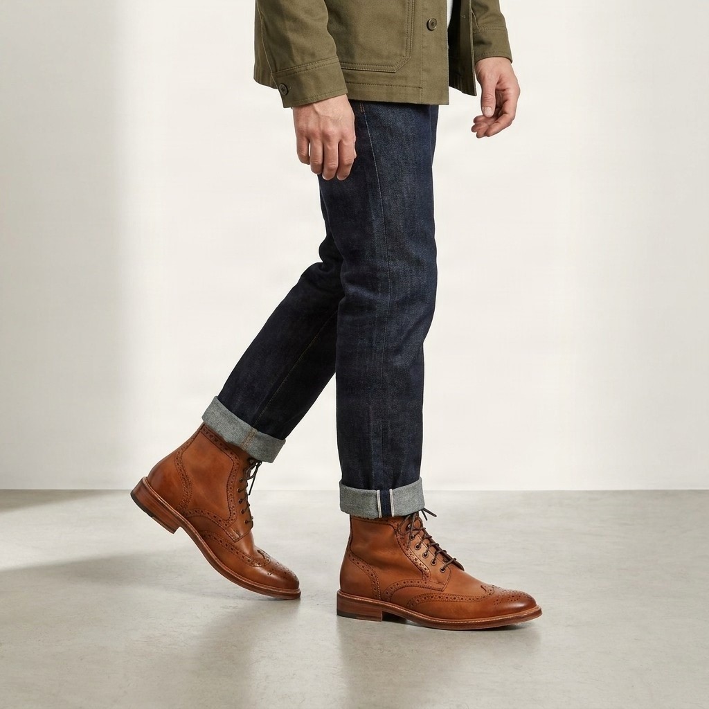 Men's leather wingtip brogues in cognac