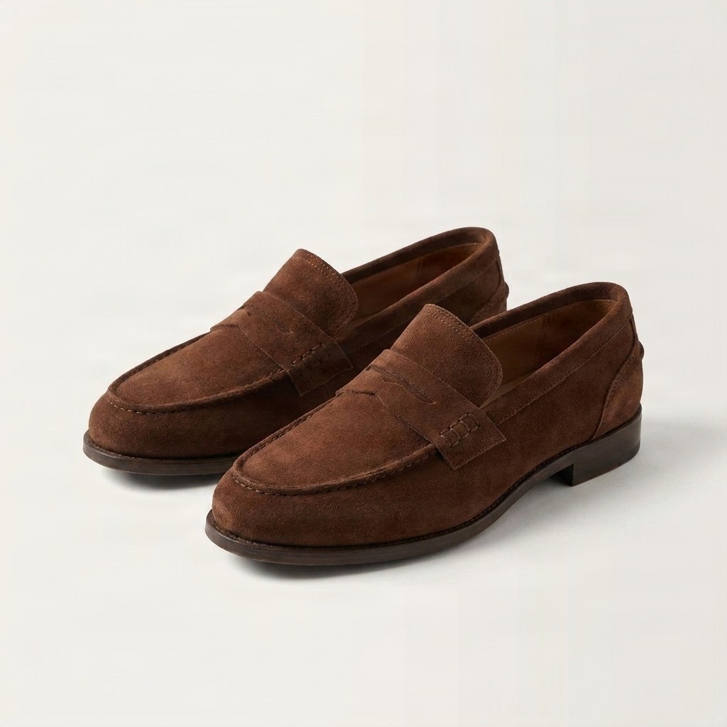 Brown suede penny loafers apron toe