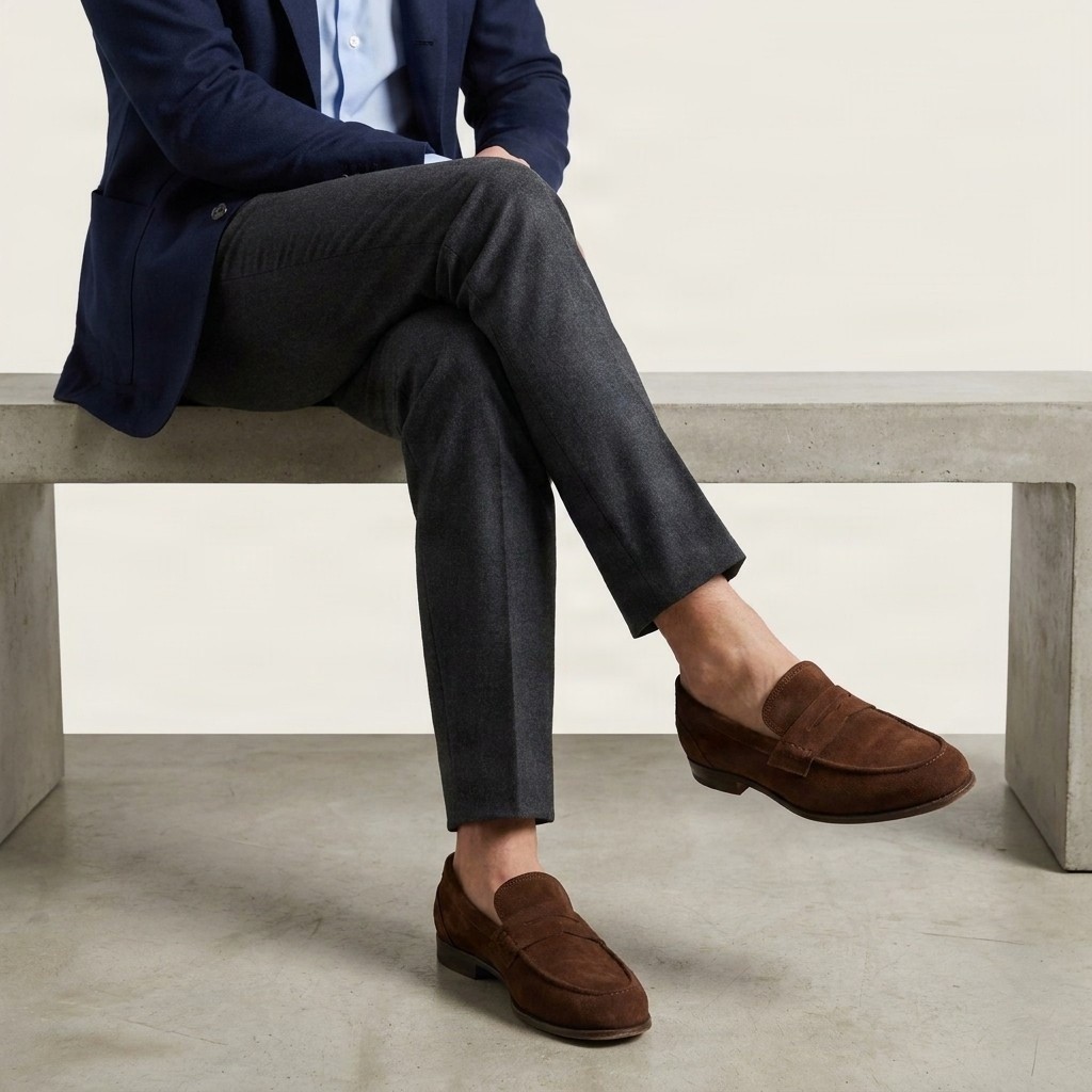 Brown suede penny loafers apron toe for men