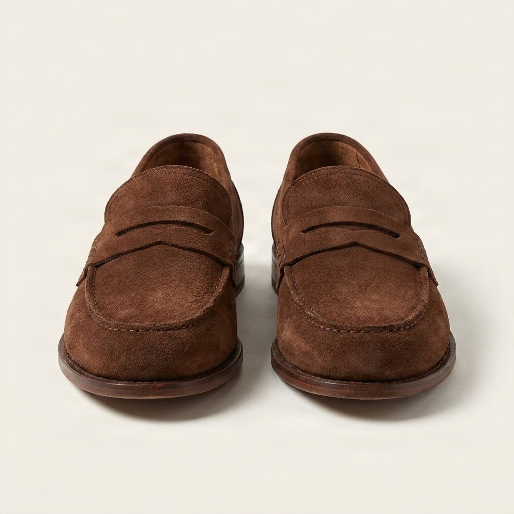 Men's suede penny loafers apron toe in brown