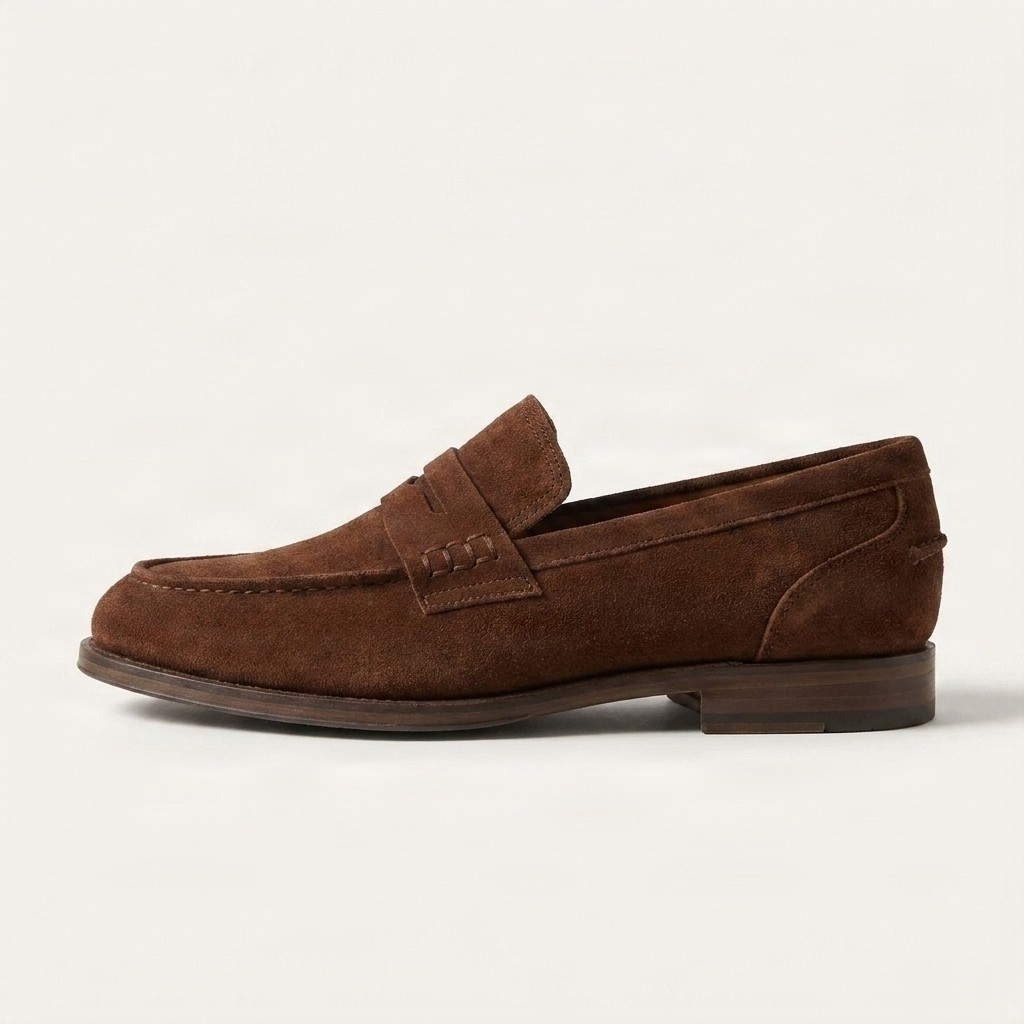 Men's brown suede penny loafers apron toe