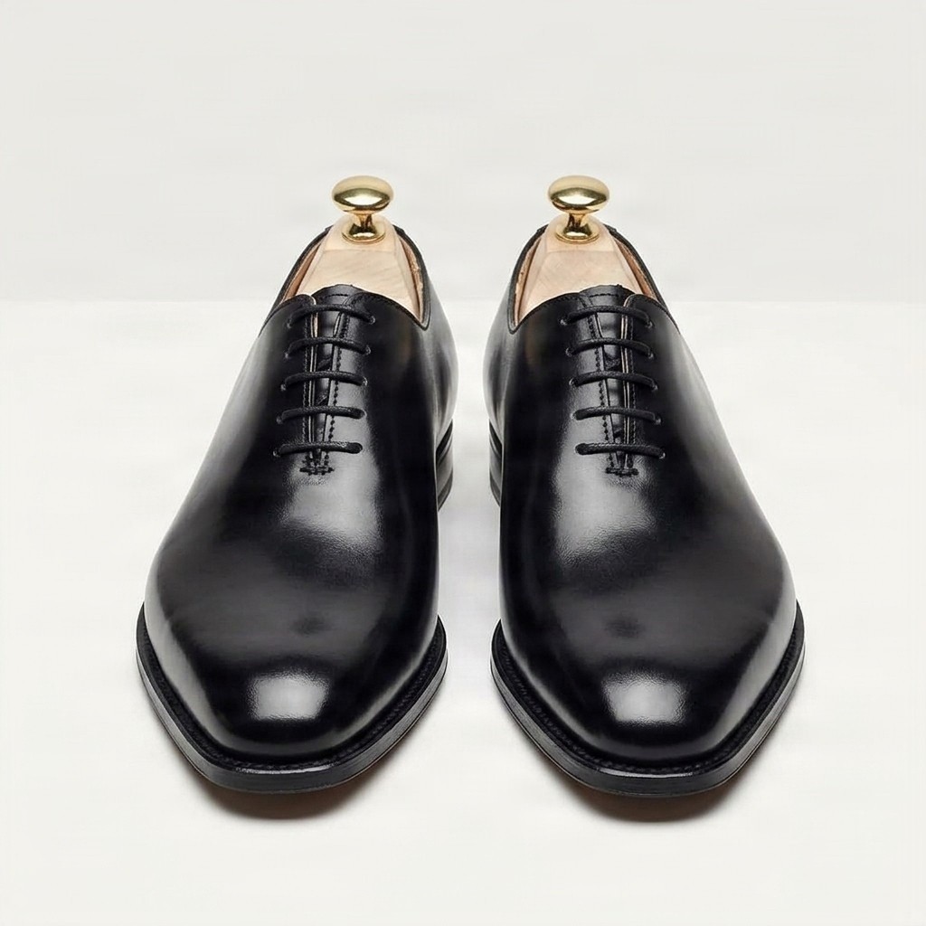 Black leather wholecut oxfords pointed toe for men