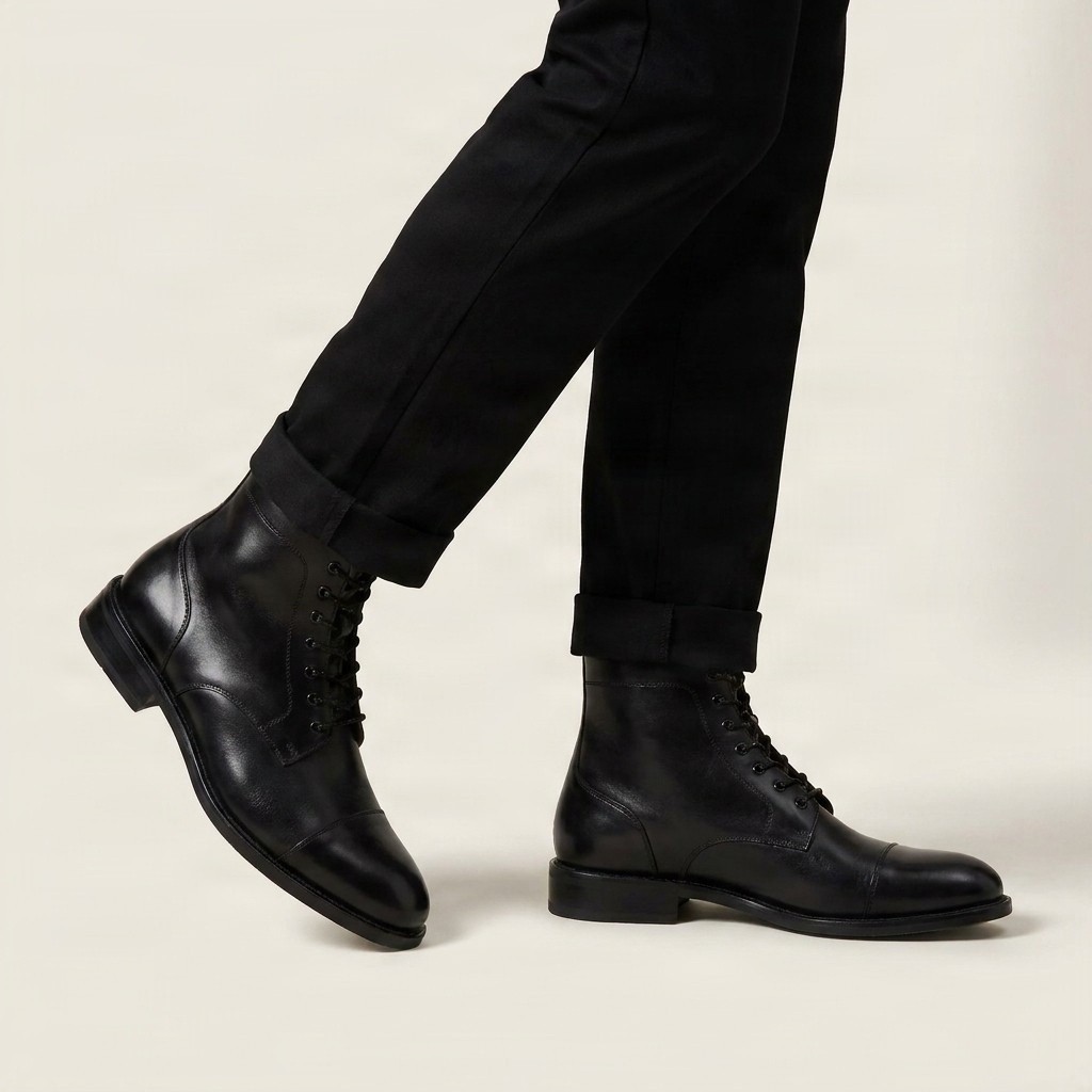 Men's leather dress boots cap toe straight in black
