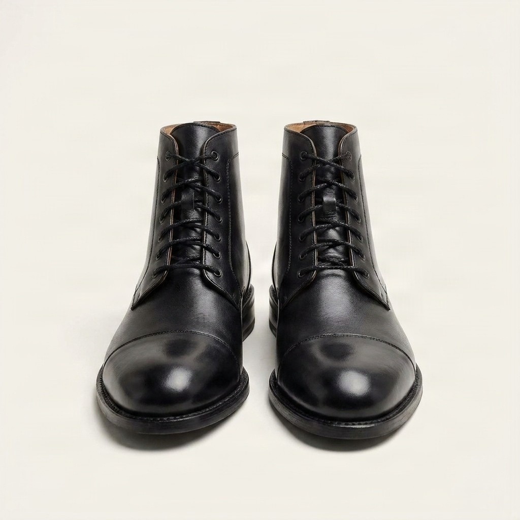 Men's black leather dress boots cap toe straight