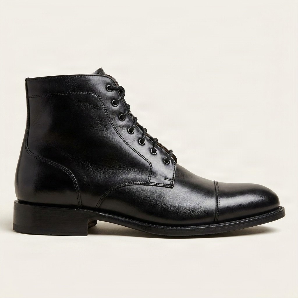 Black leather dress boots cap toe straight for men