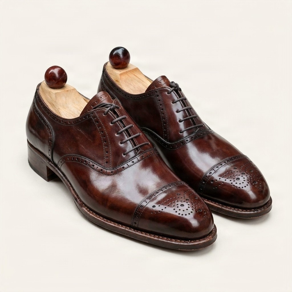 Men's leather cap toe brogues medallion in brown