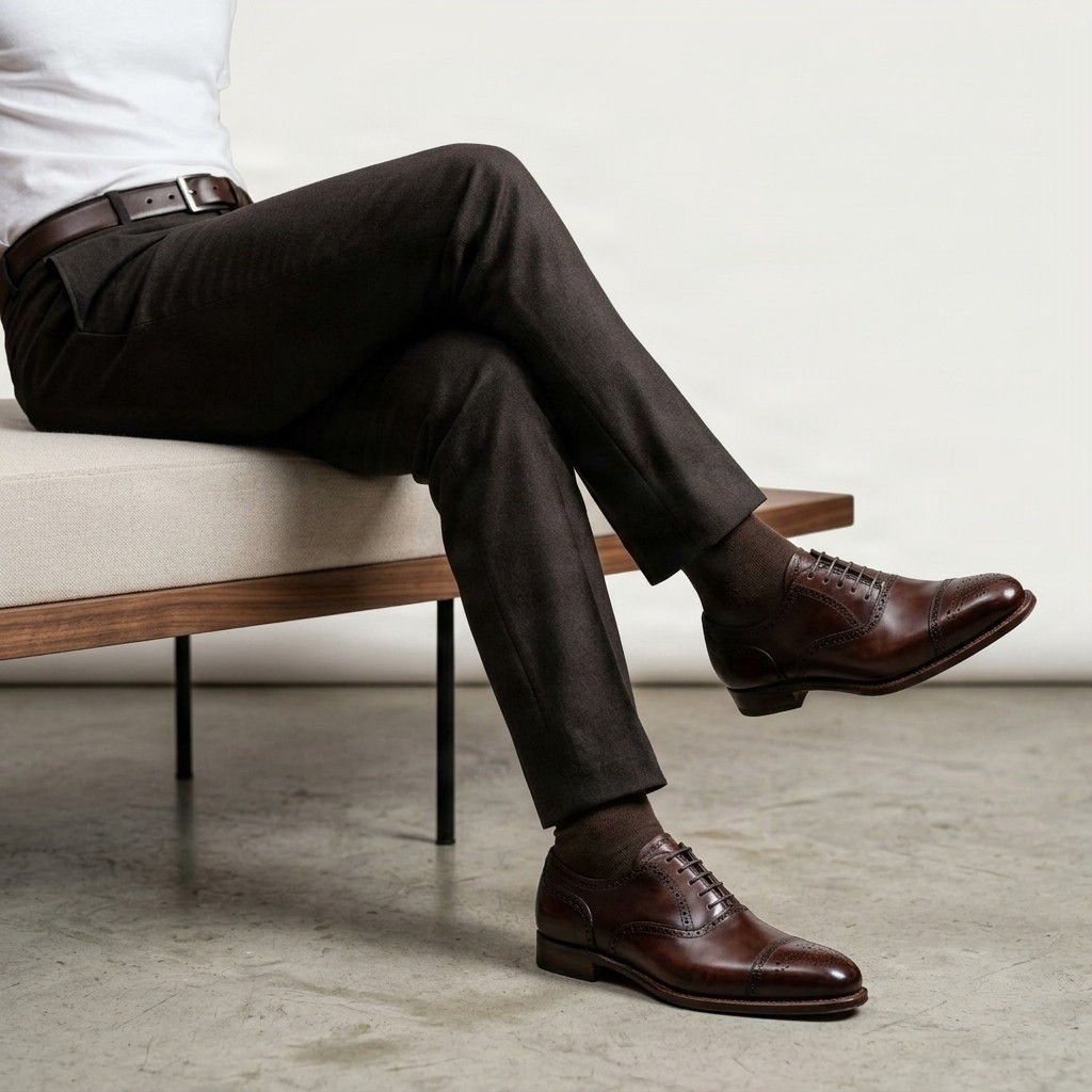 Men's brown leather cap toe brogues medallion