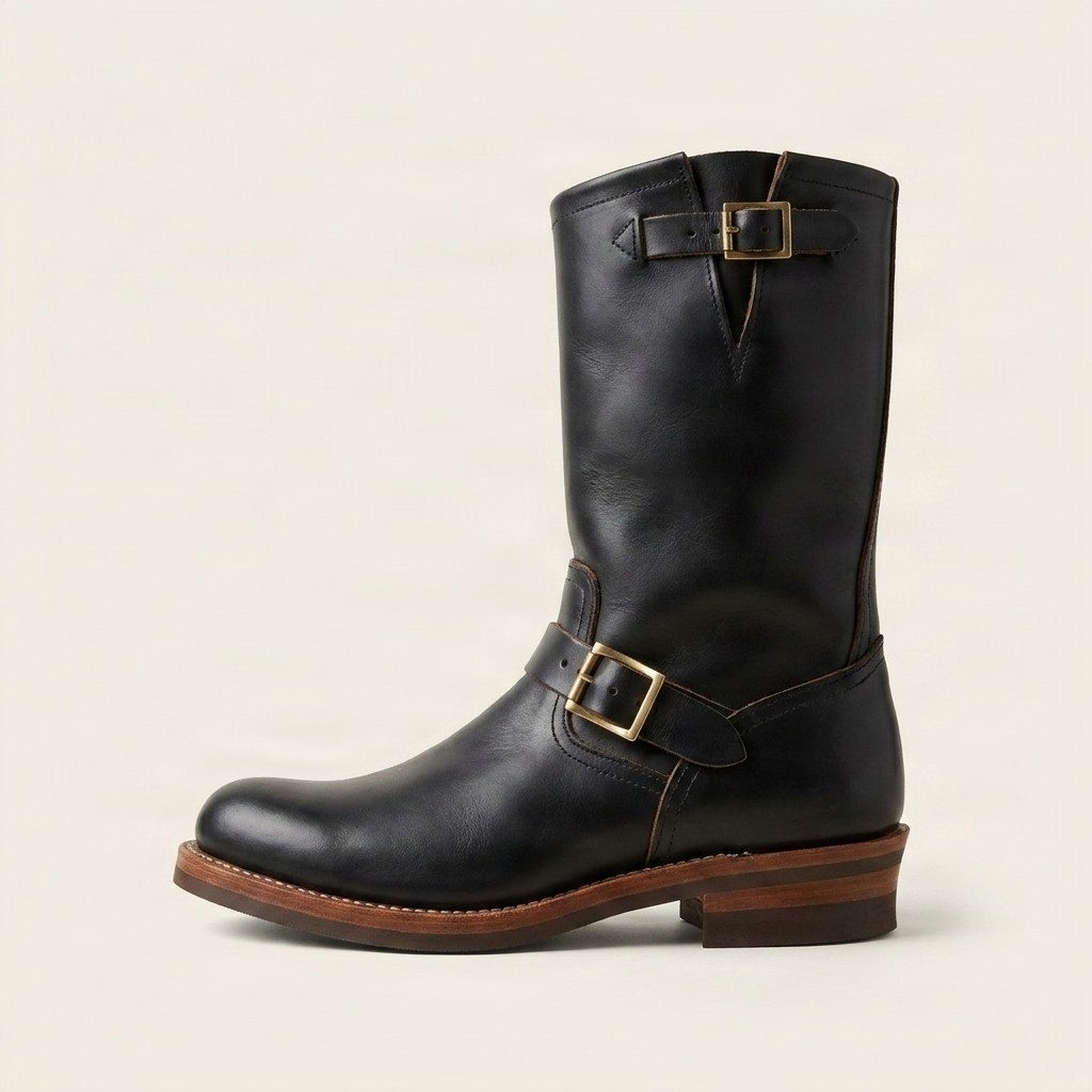 Black leather engineer boots double buckle for men