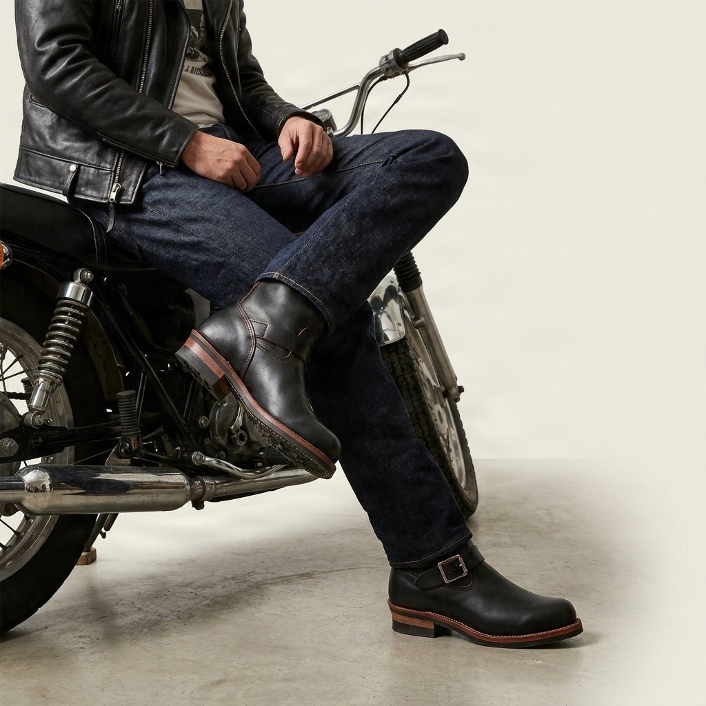 Men's black leather engineer boots double buckle