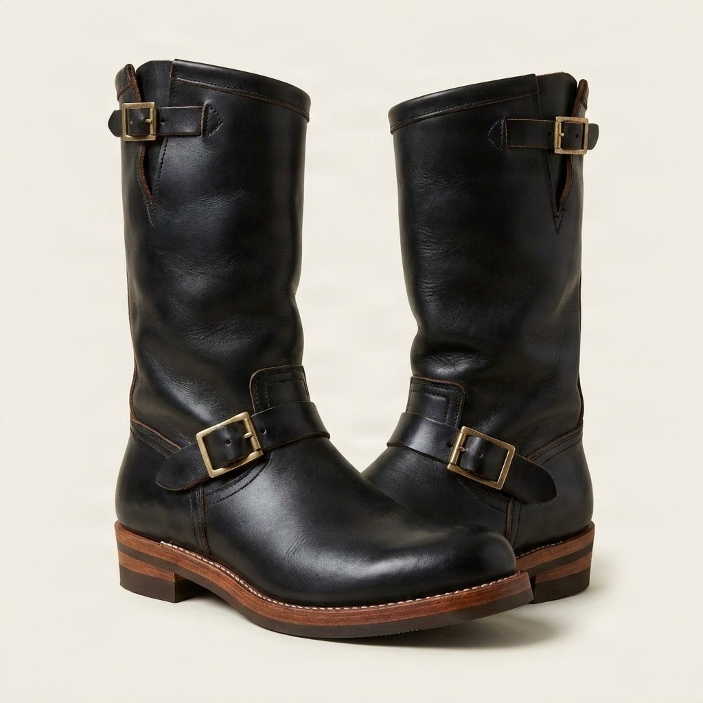 Men's leather engineer boots double buckle in black