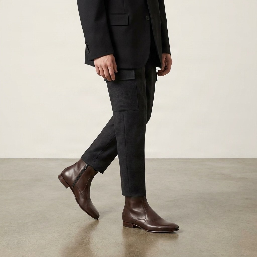 Brown leather dress boots side zip for men
