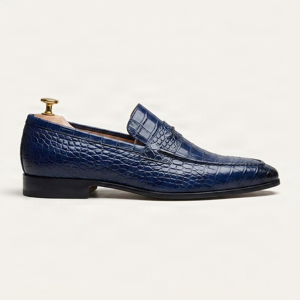 Navy crocodile penny loafers for men