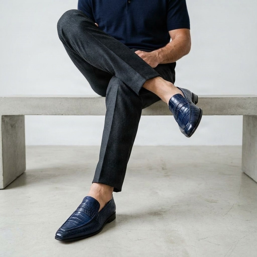 Men's navy crocodile penny loafers