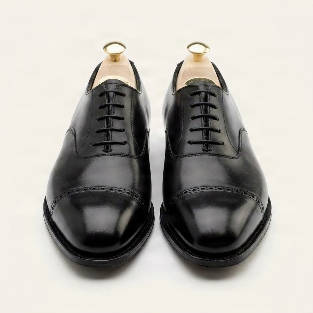 Men's black leather cap toe brogues brogued