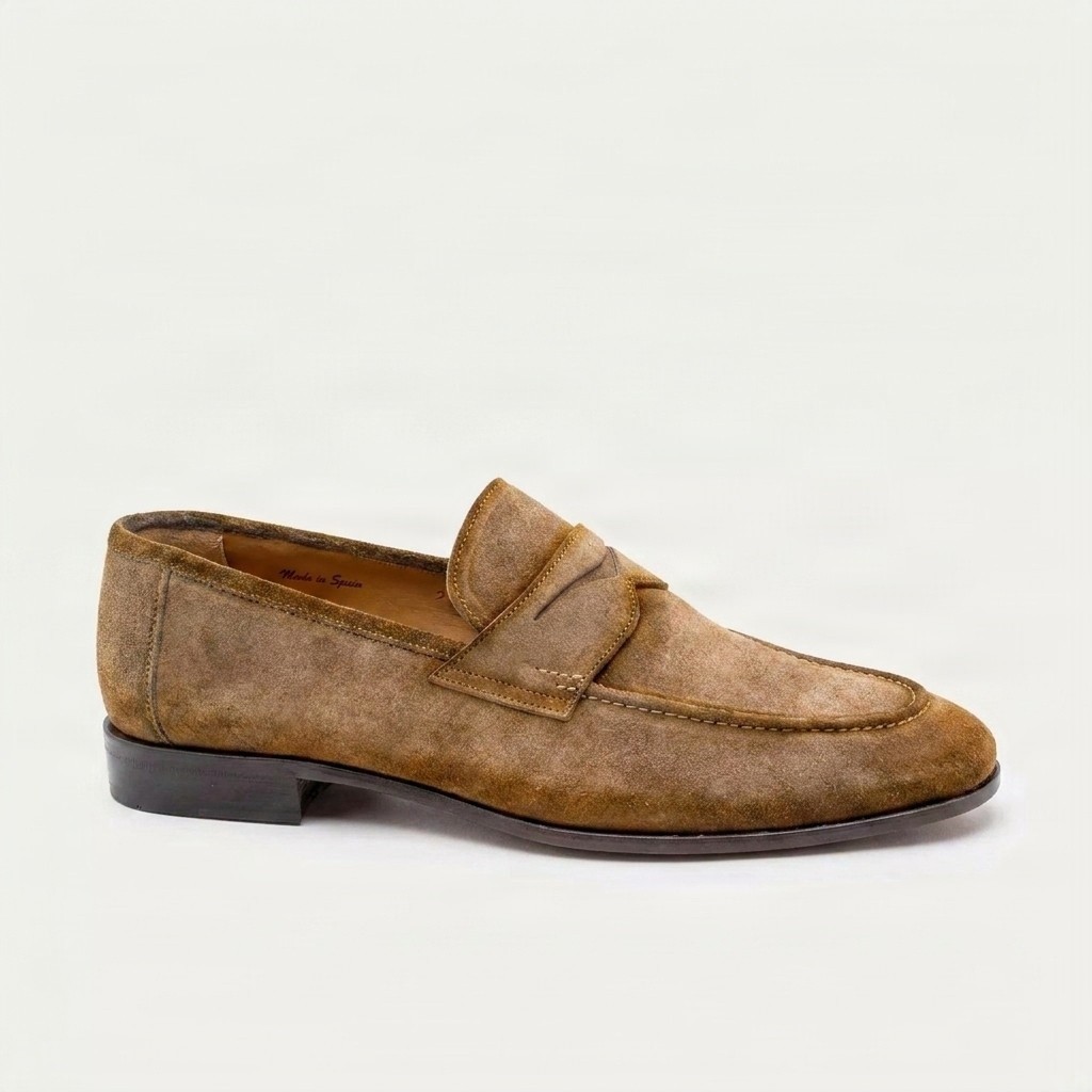 Brown suede penny loafers saddle for men