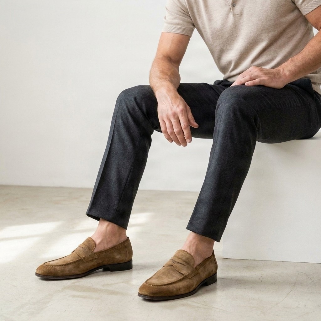 Men's brown suede penny loafers saddle
