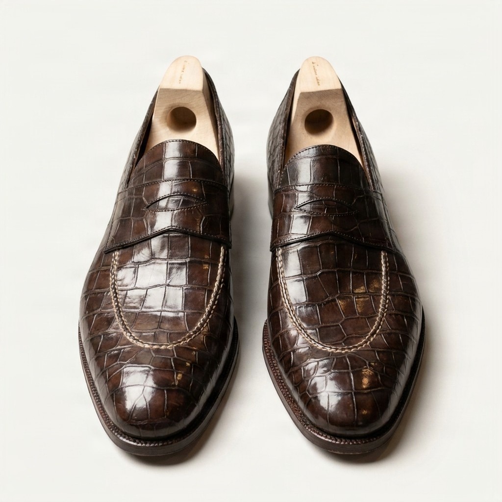 Men's crocodile penny loafers in brown