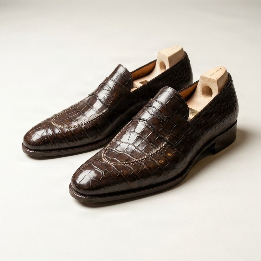 Brown alligator penny loafers