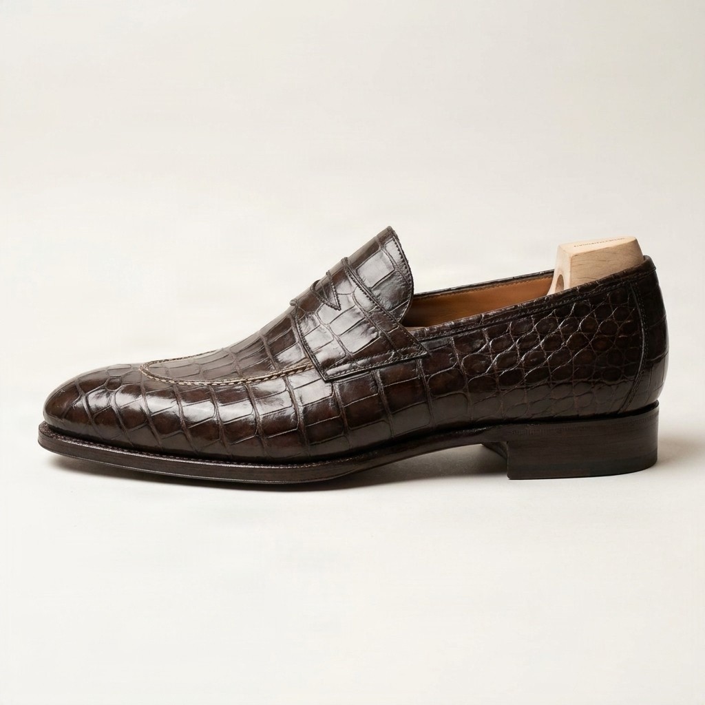 Brown crocodile penny loafers for men