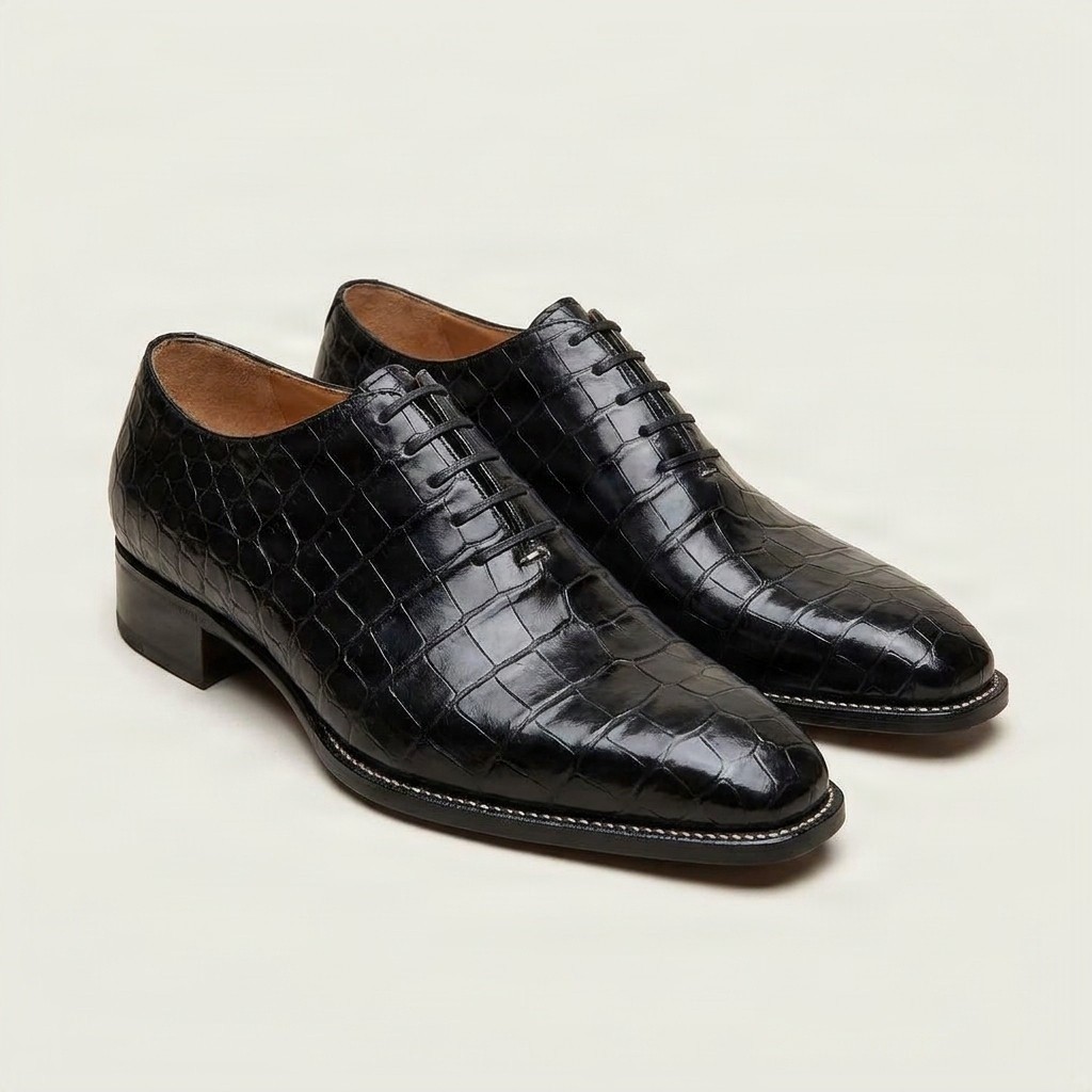Black crocodile wholecut oxfords